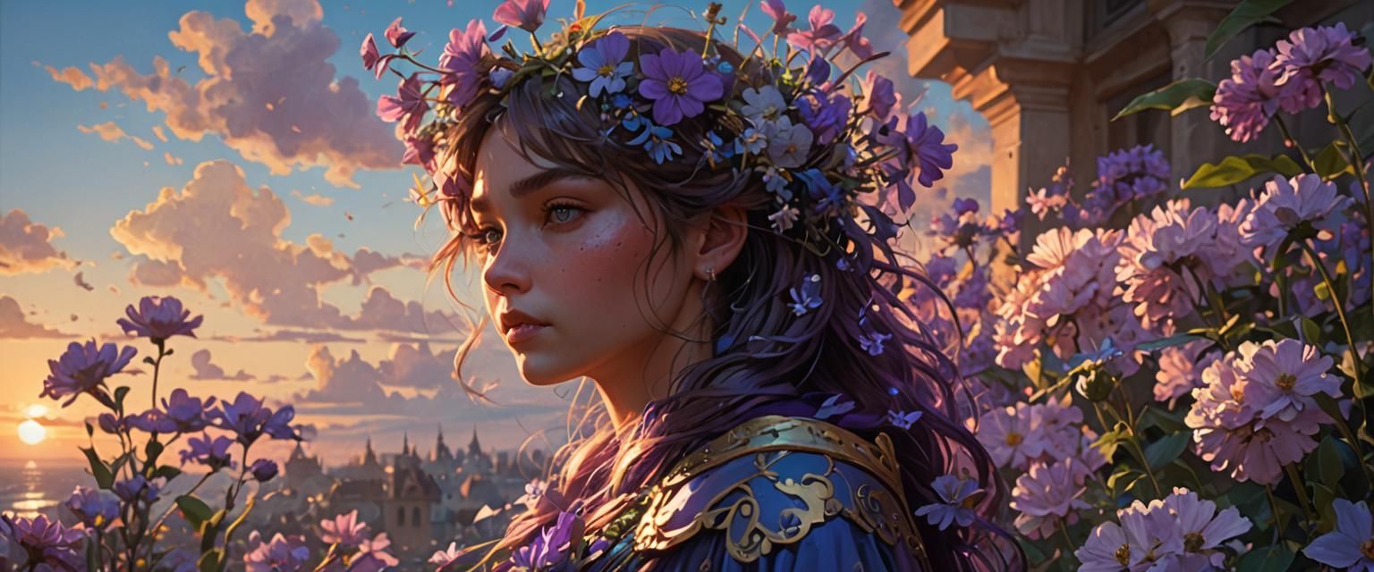 Sunset Flowers in Blue, Hyperdetailed Art Nouveau Portrait