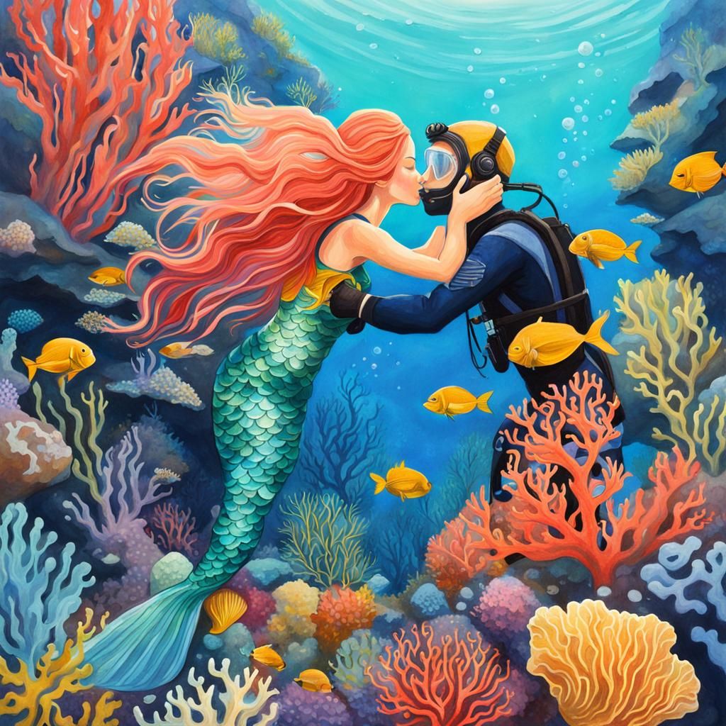 Mermaid and Diver Kissing: Gouache Coral Reef Art