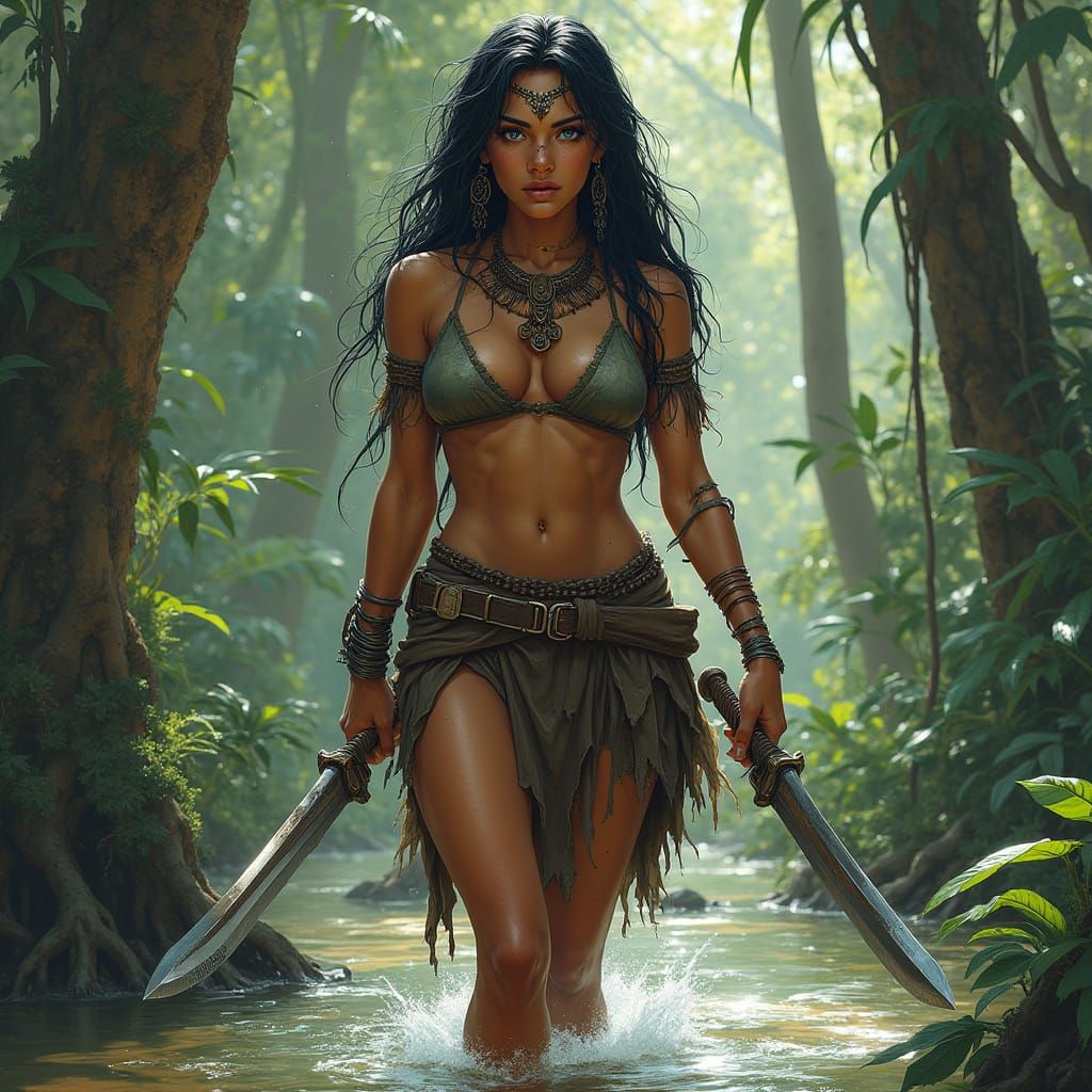 Barbarian Warrior Woman in Tropical Swamp Art