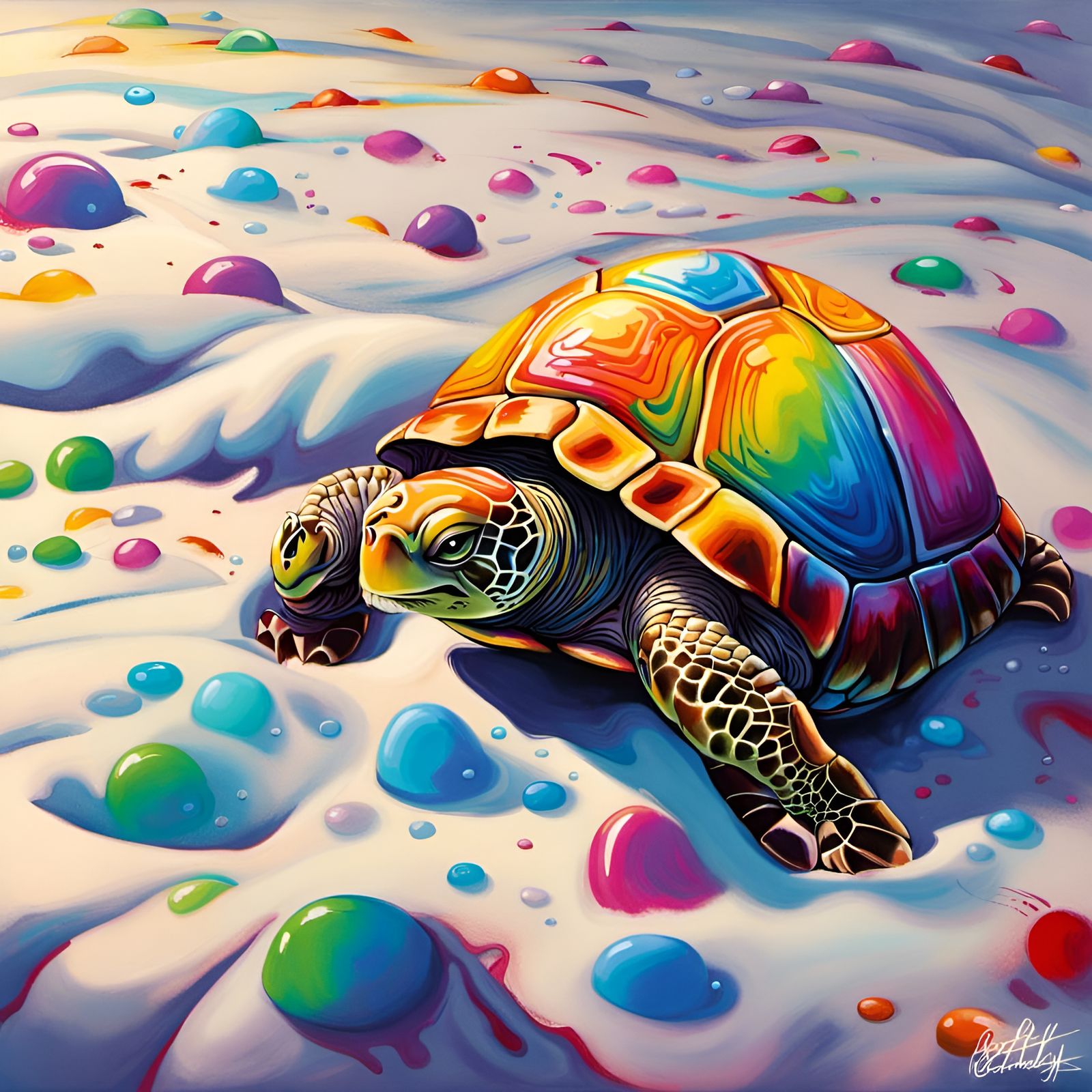 Rainbow Turtle Crawling: Graffiti Art on White Sand