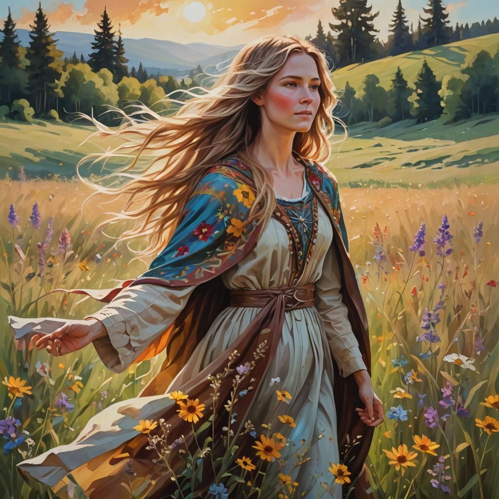 Fantasy Woman in Sunny Meadow: Vibrant Oil Painting
