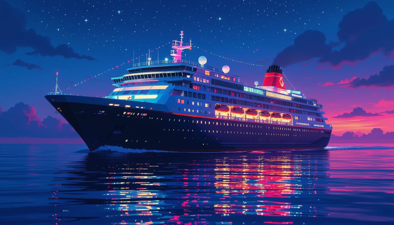 Cyberpunk Ocean Liner at Night in Neon Lights