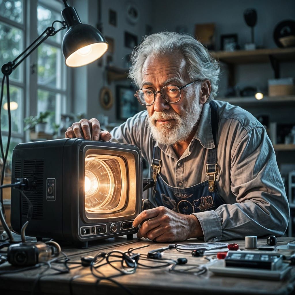 Photorealistic Image of an Old Inventor Repairing TV