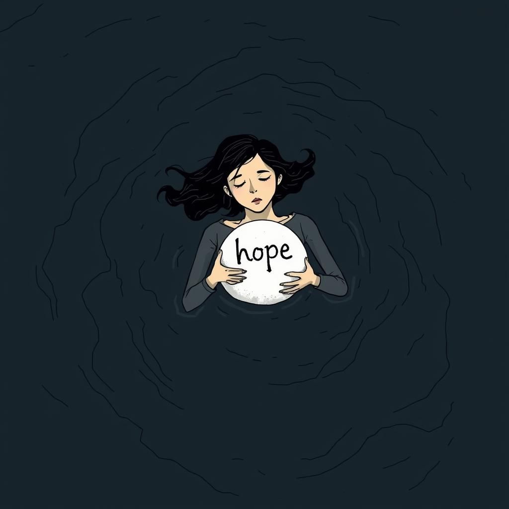Desolate Hope: Woman Adrift in Dark Sea, Cel-Shaded