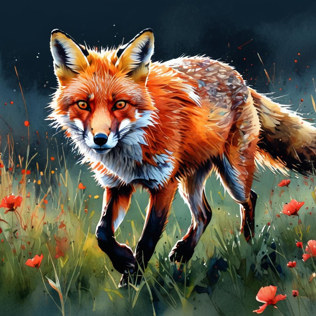 Red Fox Running: Watercolor Digital Portrait
