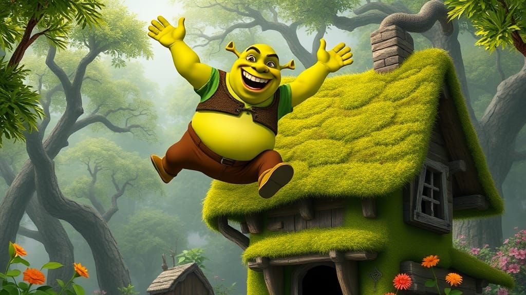 Joyful Shrek Jumping on His Swamp Home