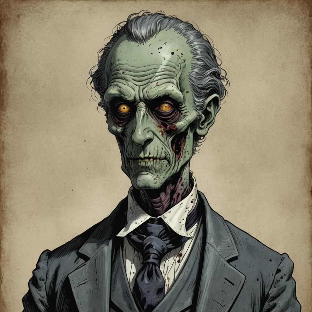 Eerie Zombie Lawyer in Chaotic Office, Colour Comic Art