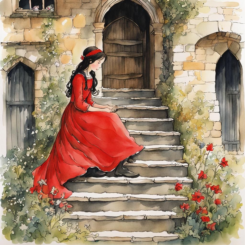 Medieval Maiden on Stairs: Storybook Illustration