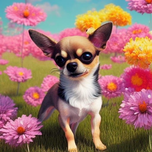 Adorable Chihuahua Puppy in Field of Flowers
