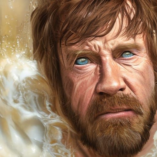 Scared Chuck Norris in Bubble Bath, Hyperrealistic Close-up