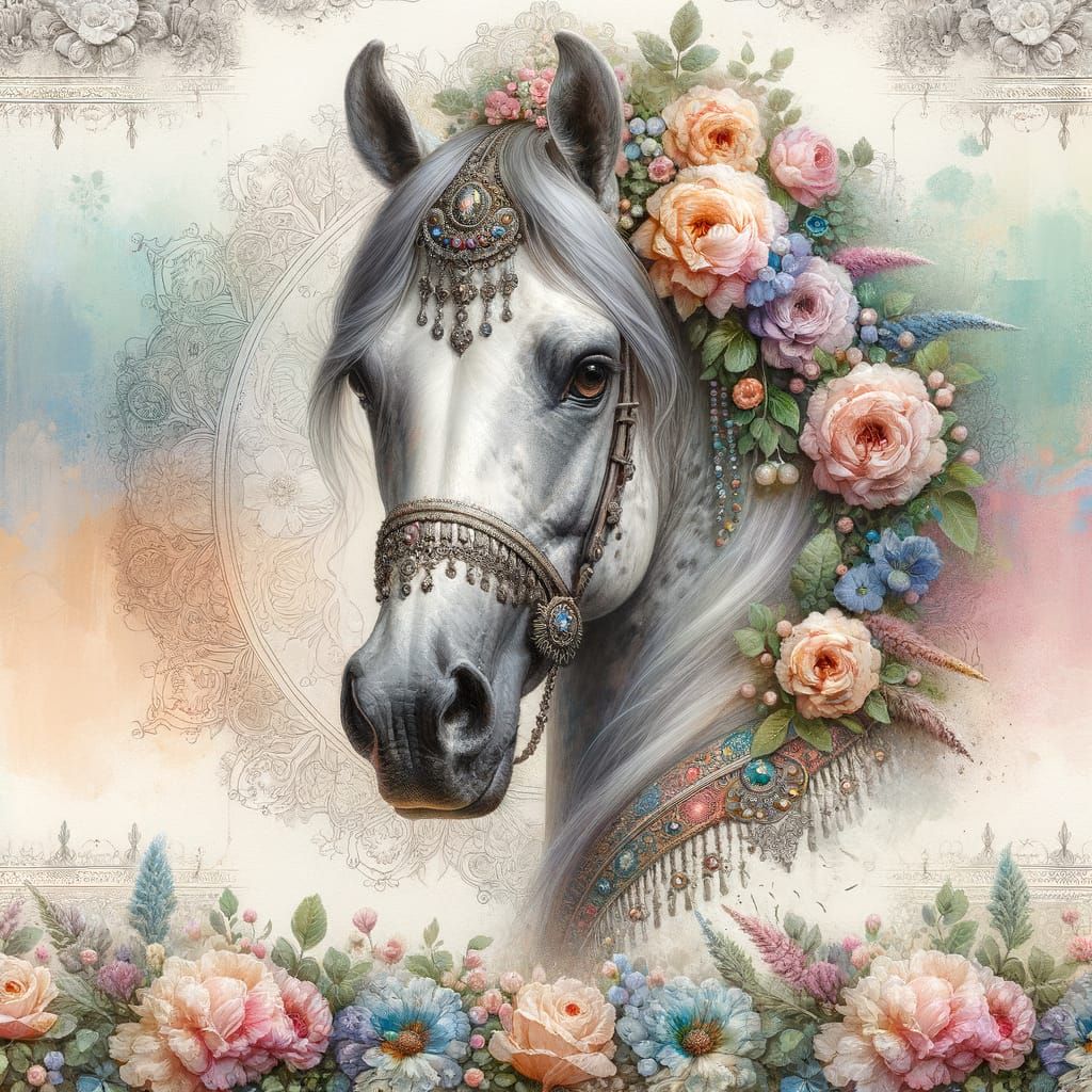 close up portrait of an Arabian dapple gray horse adorned in flowers and jewels, flowers surrounding the image. oil pain...