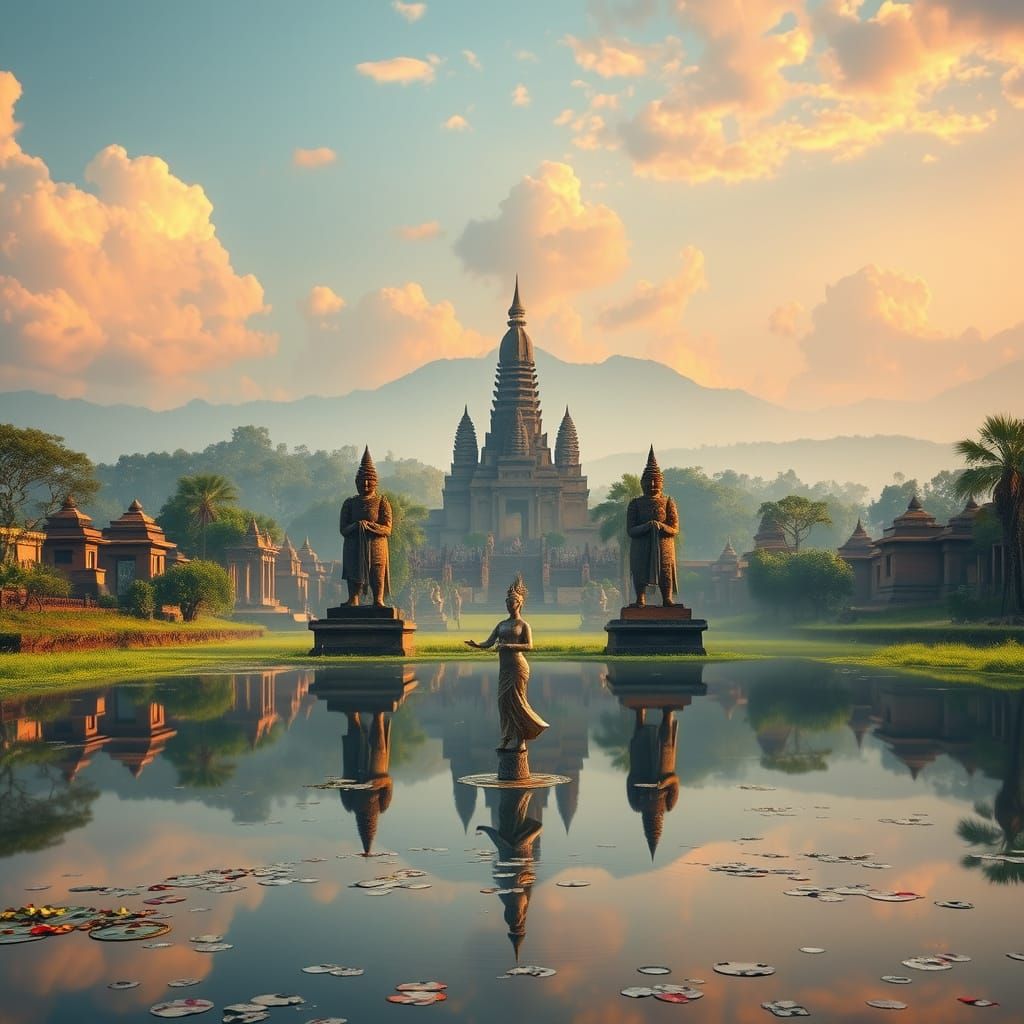 Ancient Temples and Monuments Converging in Asian Art Style