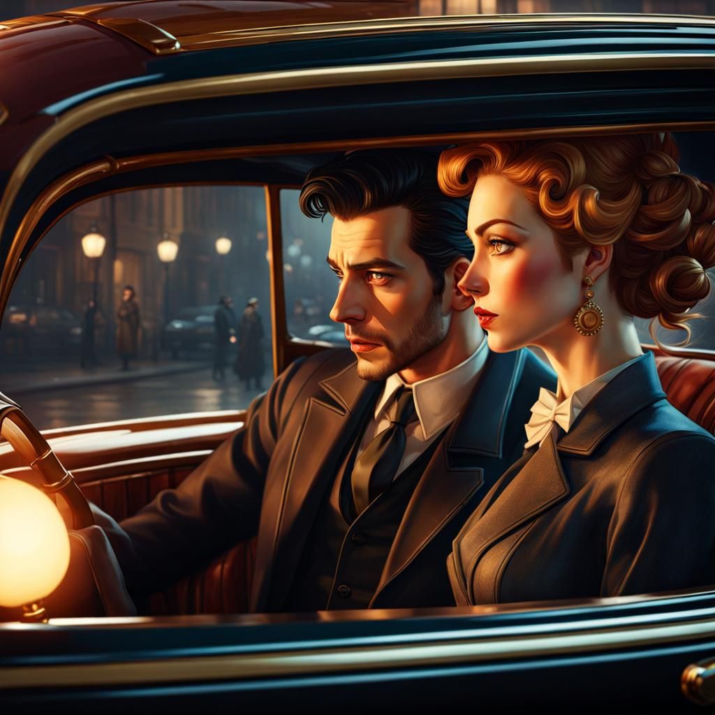 Detective and Lady in Car: Art Nouveau Style