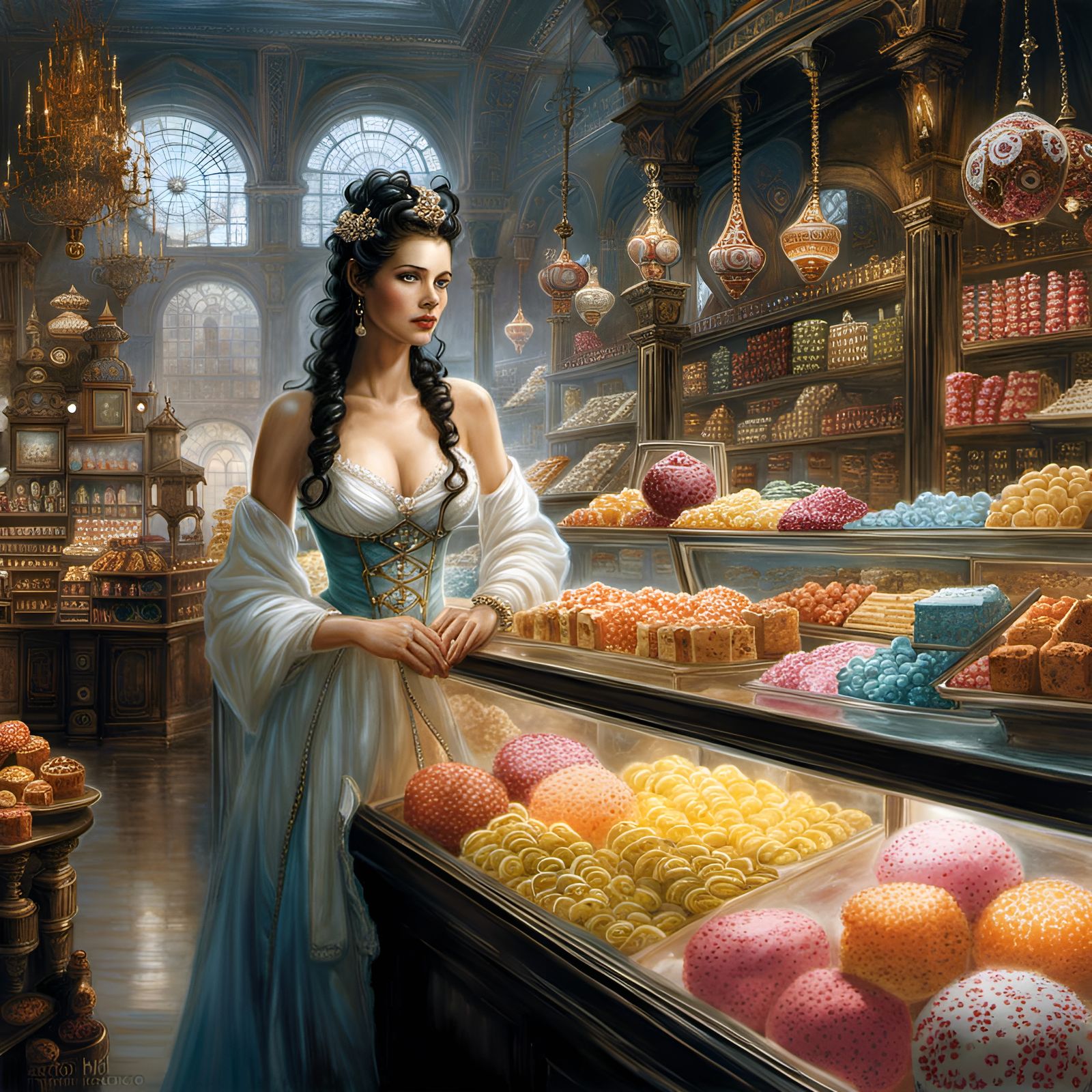 Candy Store Clerk in Hyperrealistic Digital Art Style