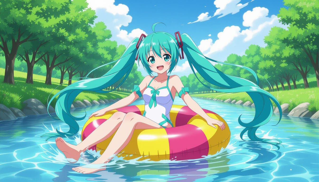 Miku Hatsune Floats on River in Summer Swimsuit
