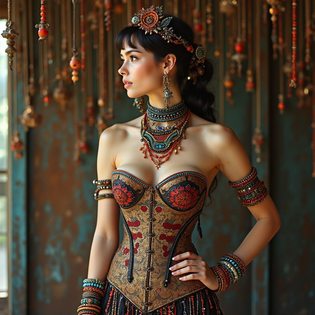 Steampunk Woman with Beaded Curtain in Syd Mead Style
