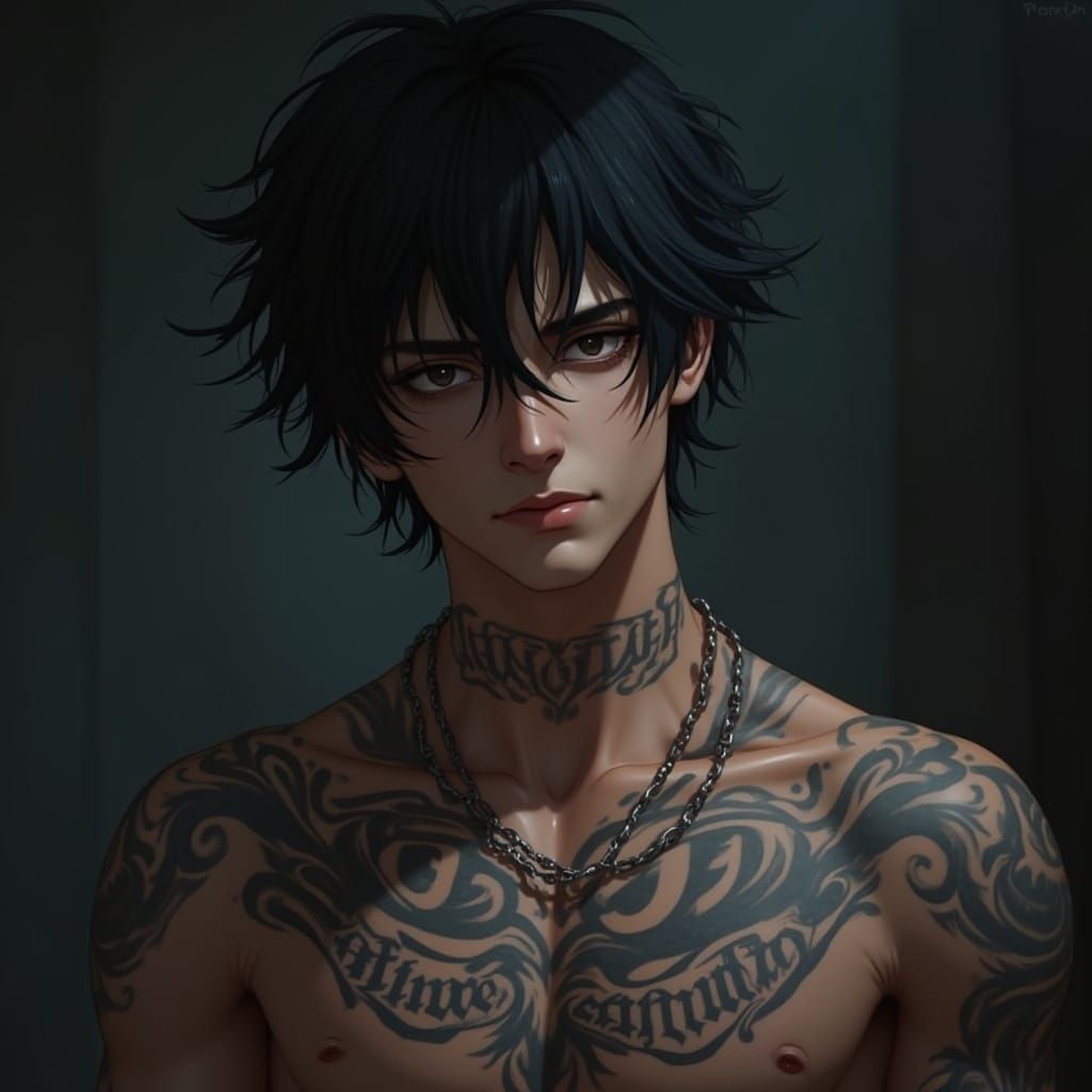 Intense Male Portrait with Tattoos in 3D Anime Style
