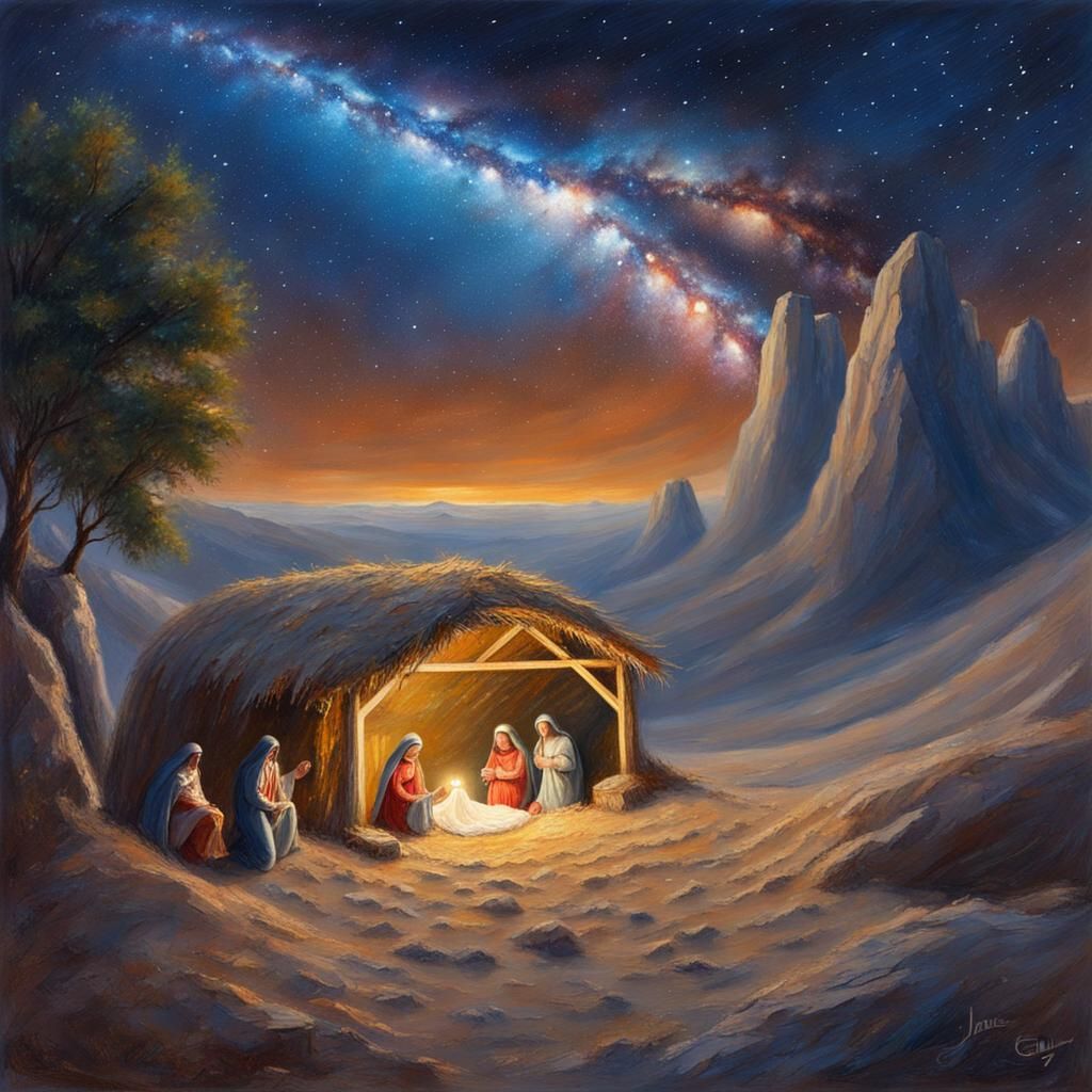 Christmas Nativity Scene Inside Earth as Oil Painting