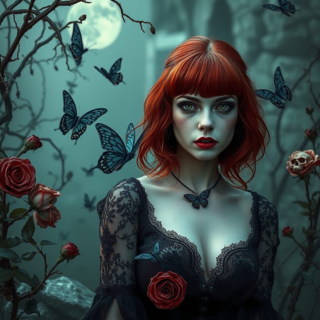 Red-Haired Siren in Dark Romantic Gothic Scene