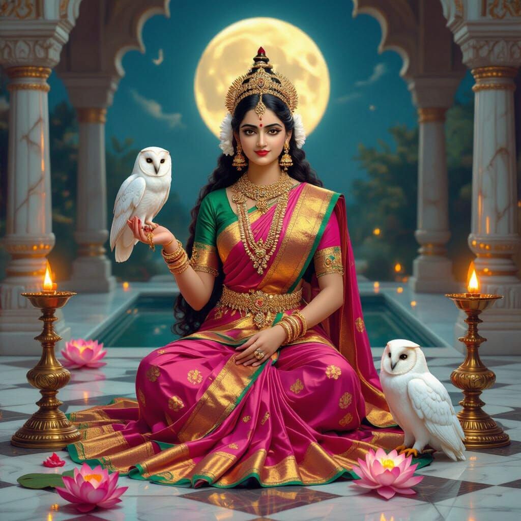 Goddess Lakshmi in Courtyard, Raja Ravi Varma Style