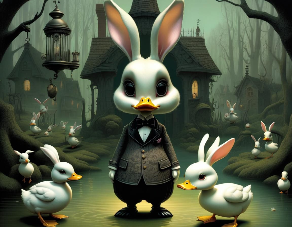 Creepy Cute Bunny-Duck Hybrid in Surreal Fantasy