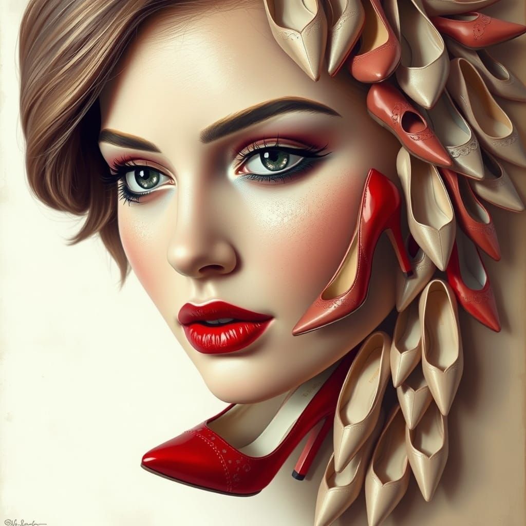 Surreal Portrait of a Woman in a Mosaic of High Heels and Fl...