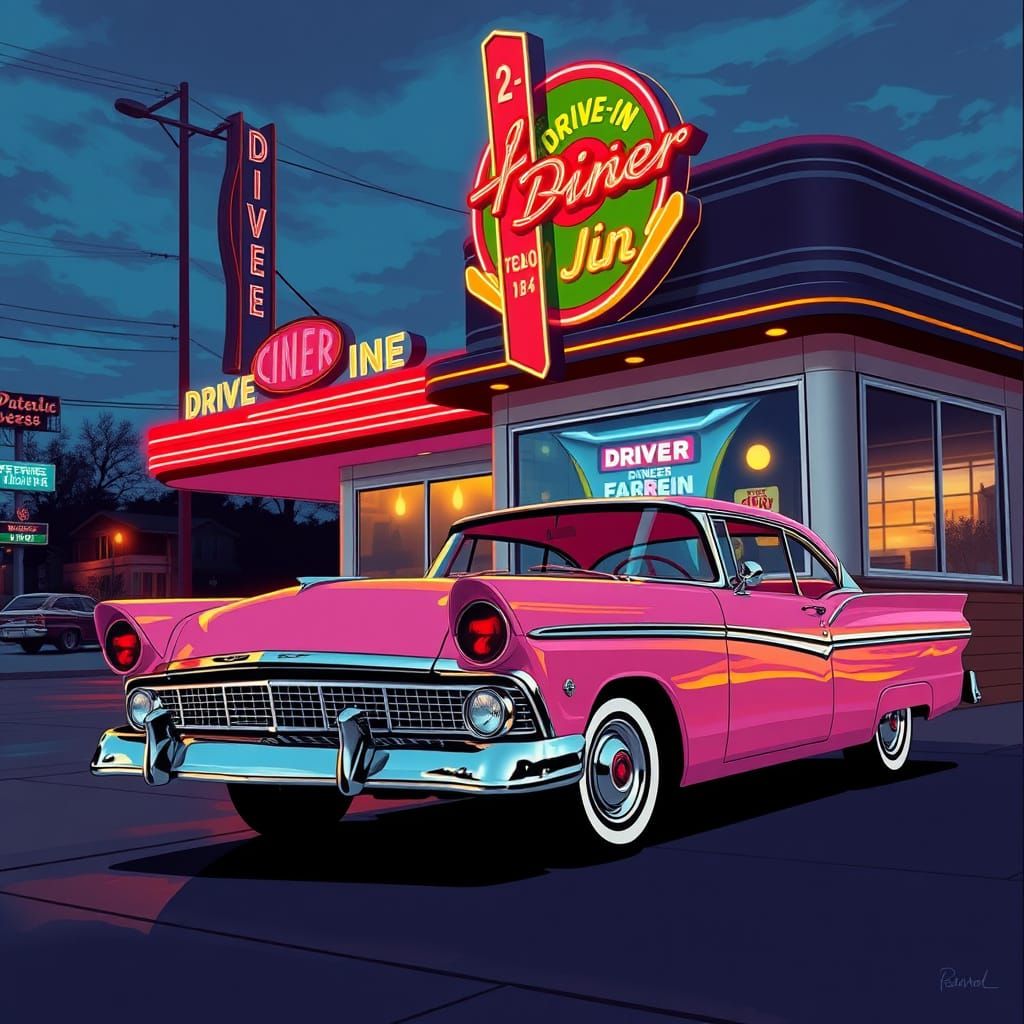1956 Pink Ford Fairlane at Retro Diner