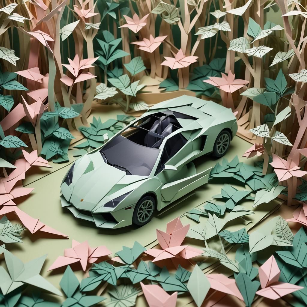 Origami Supercar Parked in Forest Papercraft