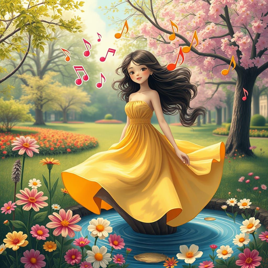 Woman Erupts from Spring with Musical Notes