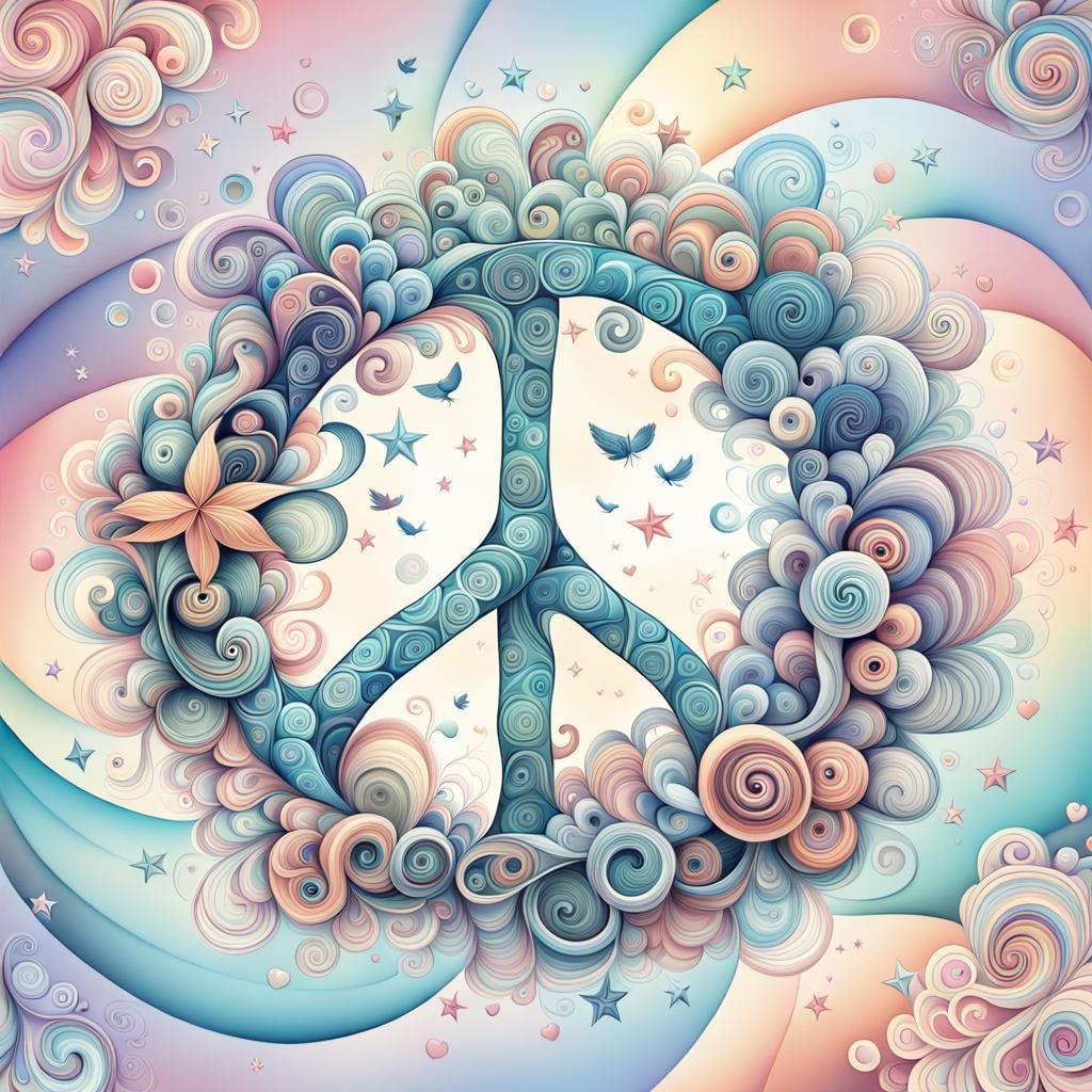 a peace sign that consists of 100 friendly symbols, the look is fluffy abstract vector fractal, wave function, Zentangle...