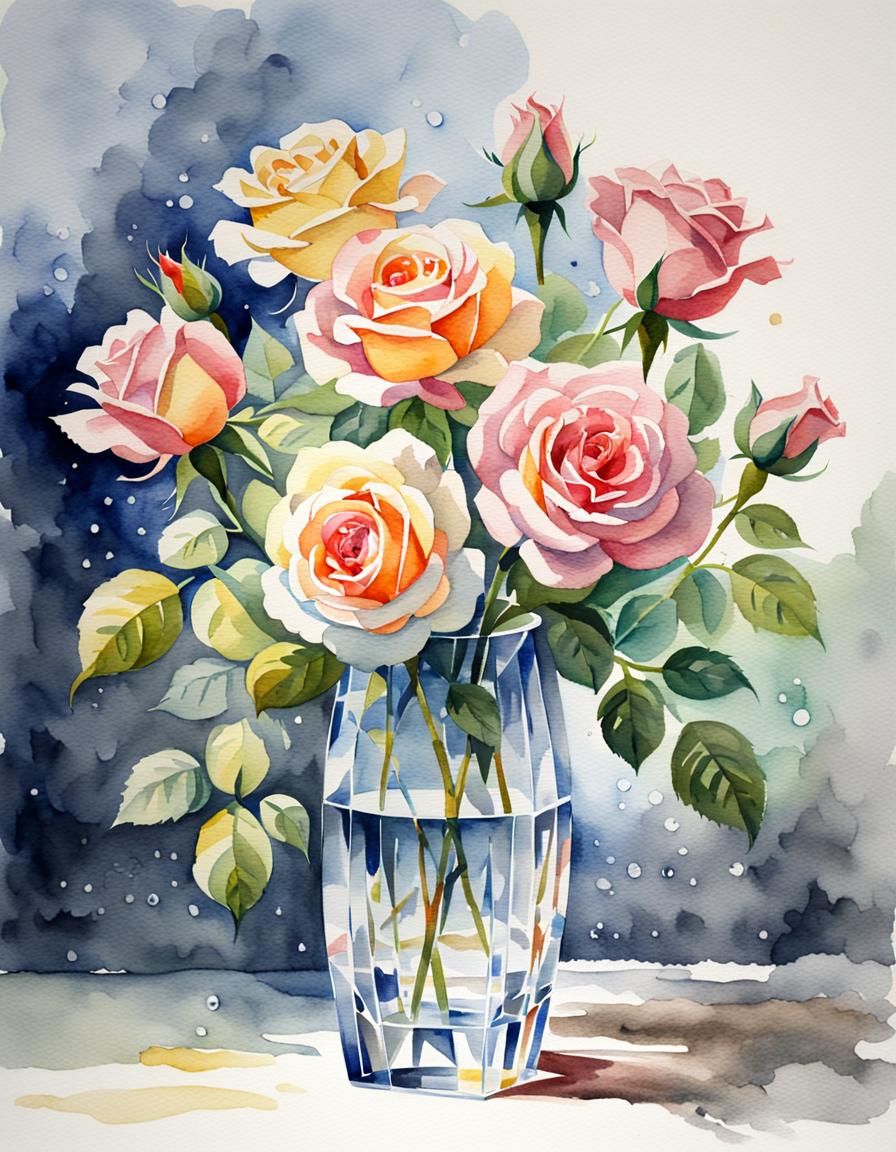 Watercolor Rose Bouquet in Crystal Vase
