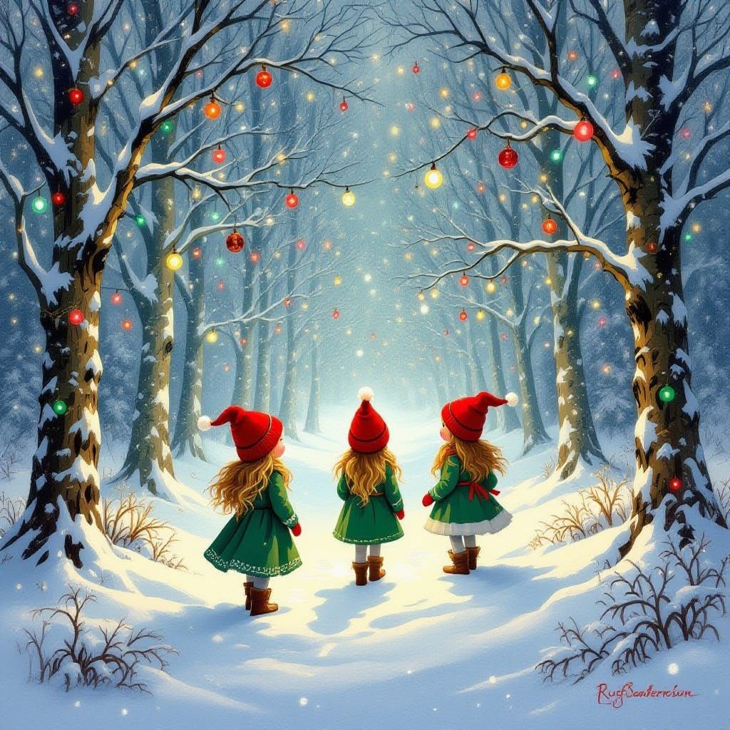 Christmas Elves in a Glowing Winter Forest