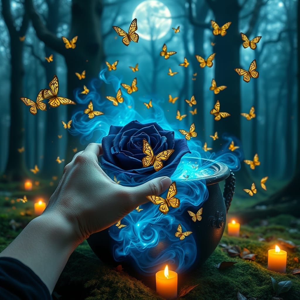 Magical Hand Holding Dark Rose in Glowing Cauldron