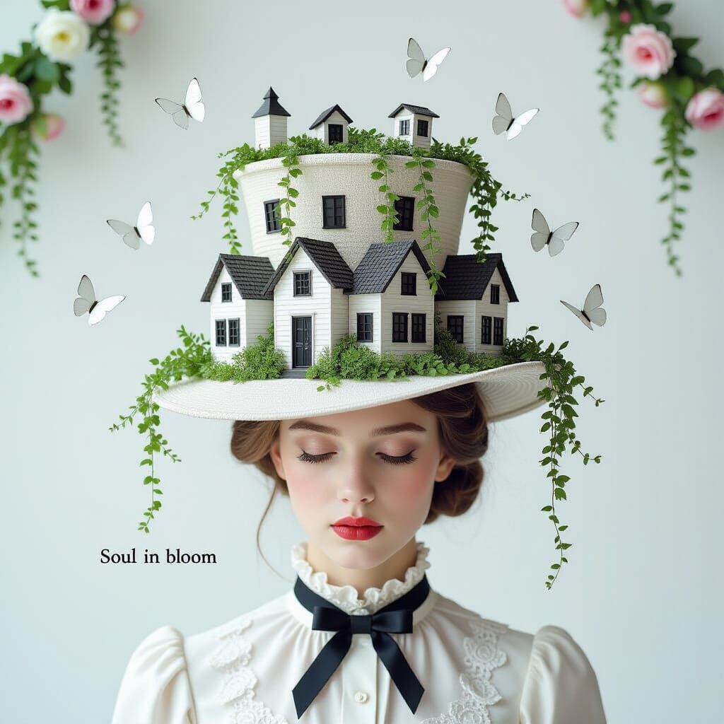 Avant-Garde Hat of Houses and Plants in Surreal Style