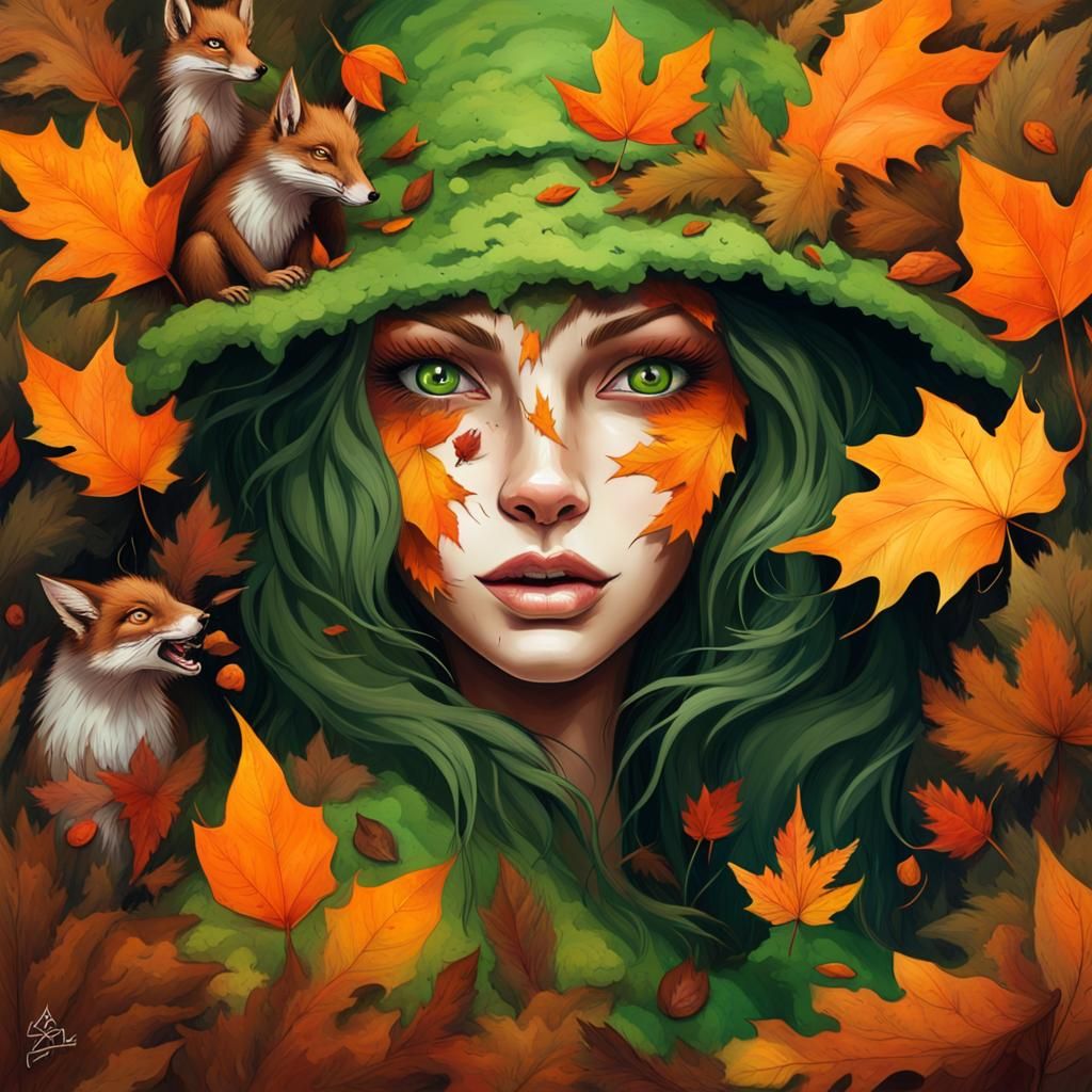 Earth Witch in Autumn Forest, Graffiti Art