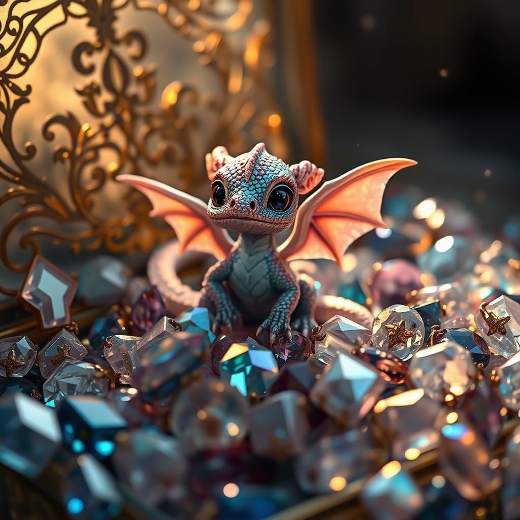 Whimsical Baby Dragon in Glass Jewelry Box, Iridescent Scale...