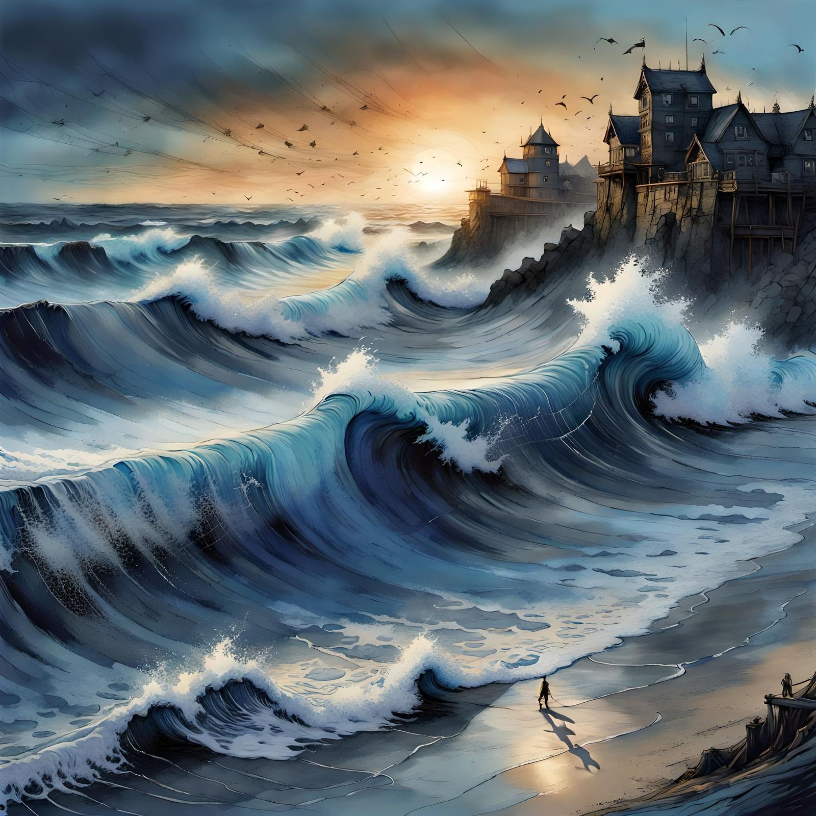 Sunset Beach Waves Matte Painting