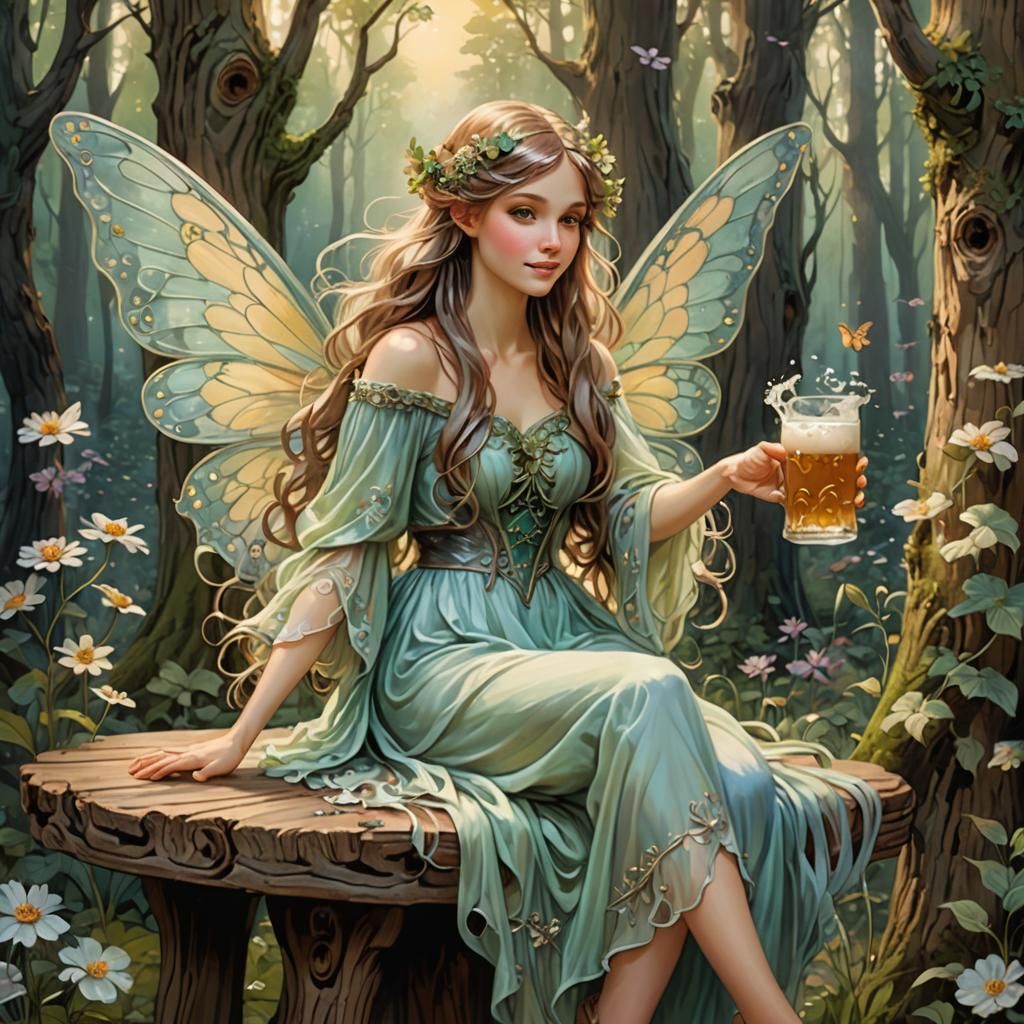 Enchanted Fairy with Beer in Art Nouveau Style