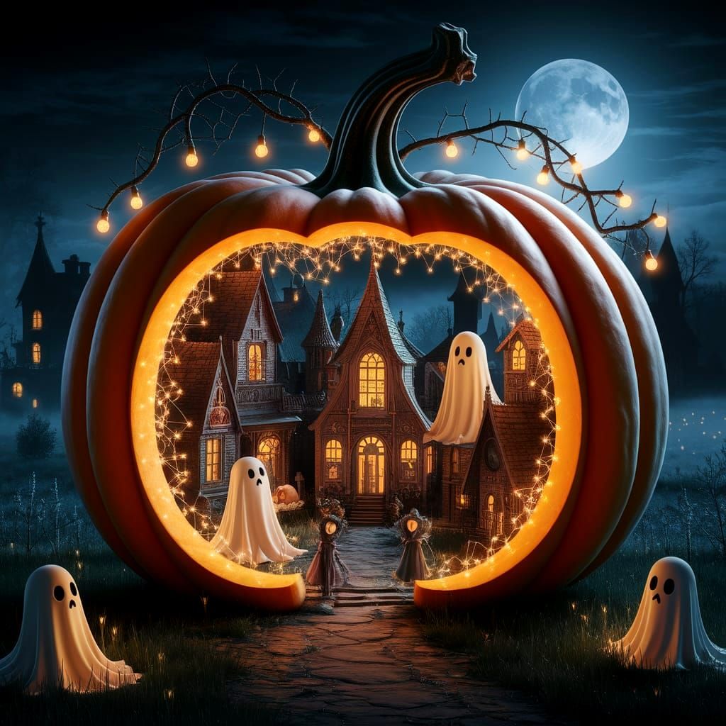Gothic Town Inside Giant Pumpkin, Magical Spooky Field