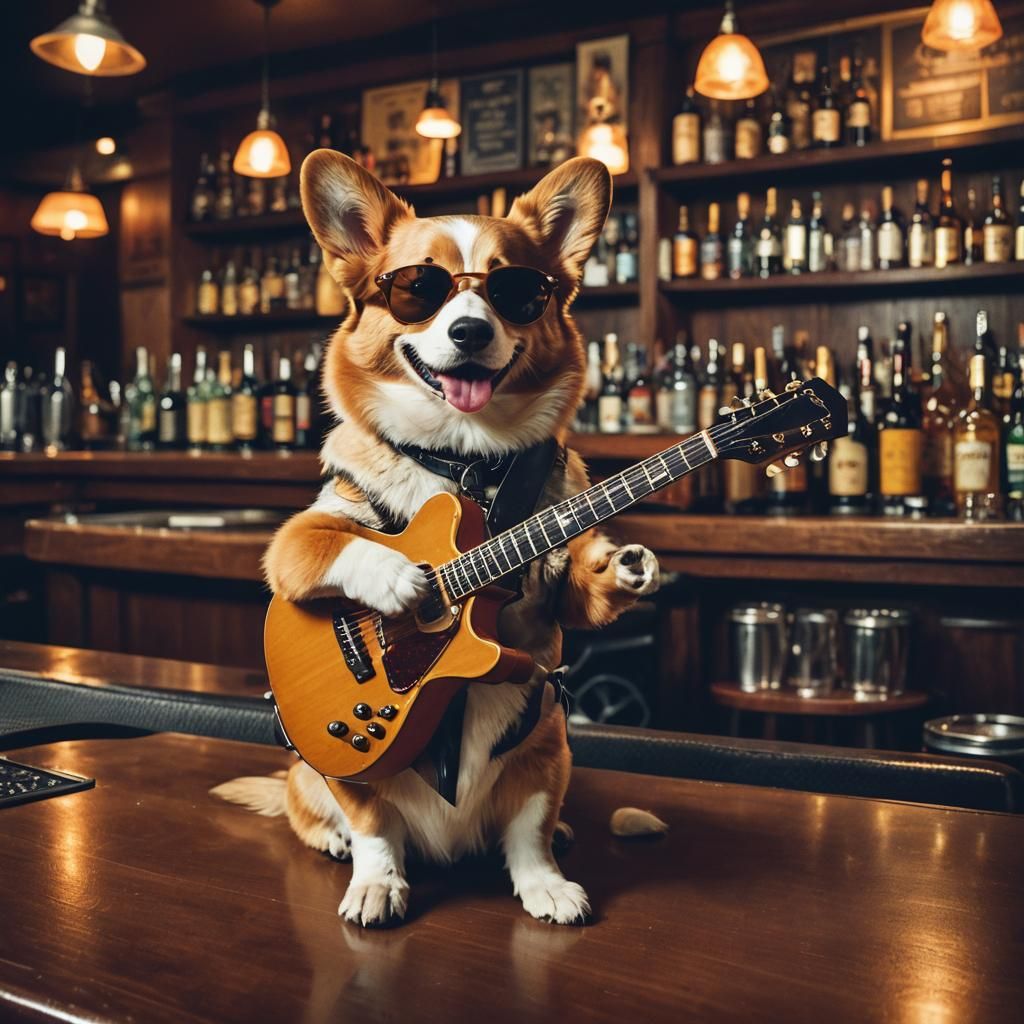 Corgi Dog Rocks Out in Bar: Cinematic Film Still