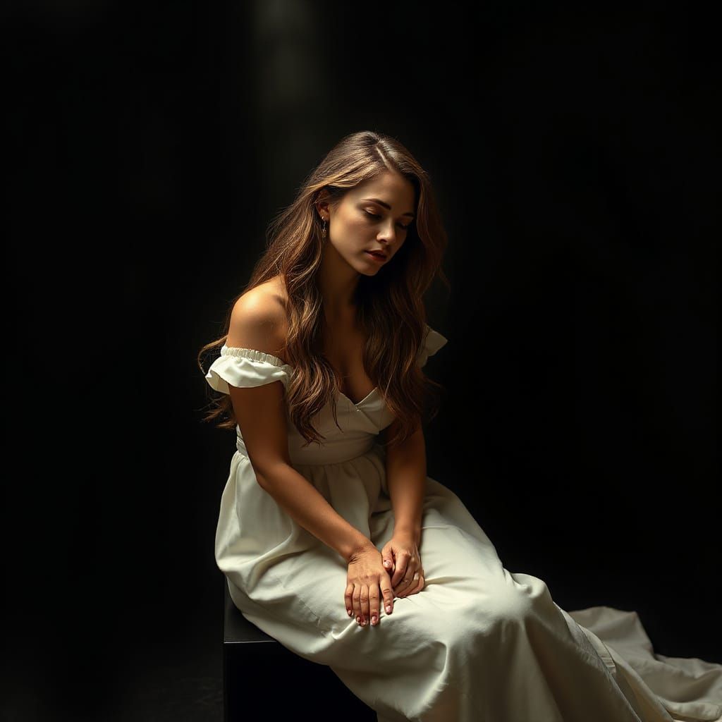 Contemplative Woman in Light Beam: Dramatic Chiaroscuro Art