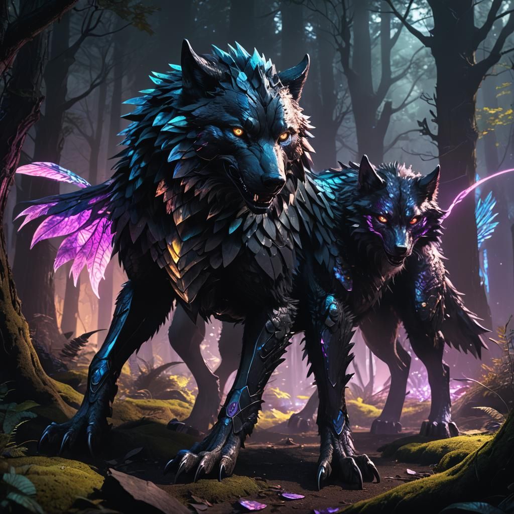 Cyberpunk Wolf-Dragon Emerges from Ancient Forest