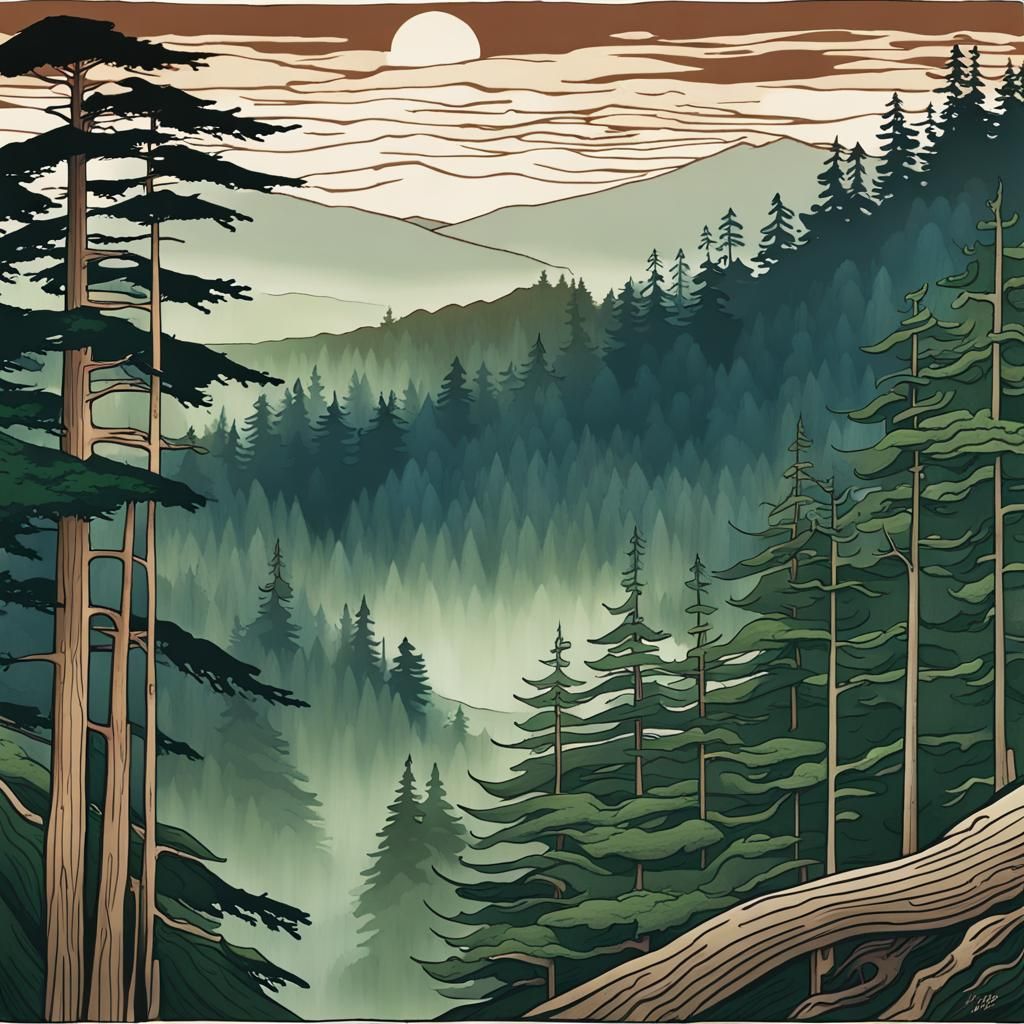 Pacific Northwest Forest in Japanese Woodblock Style