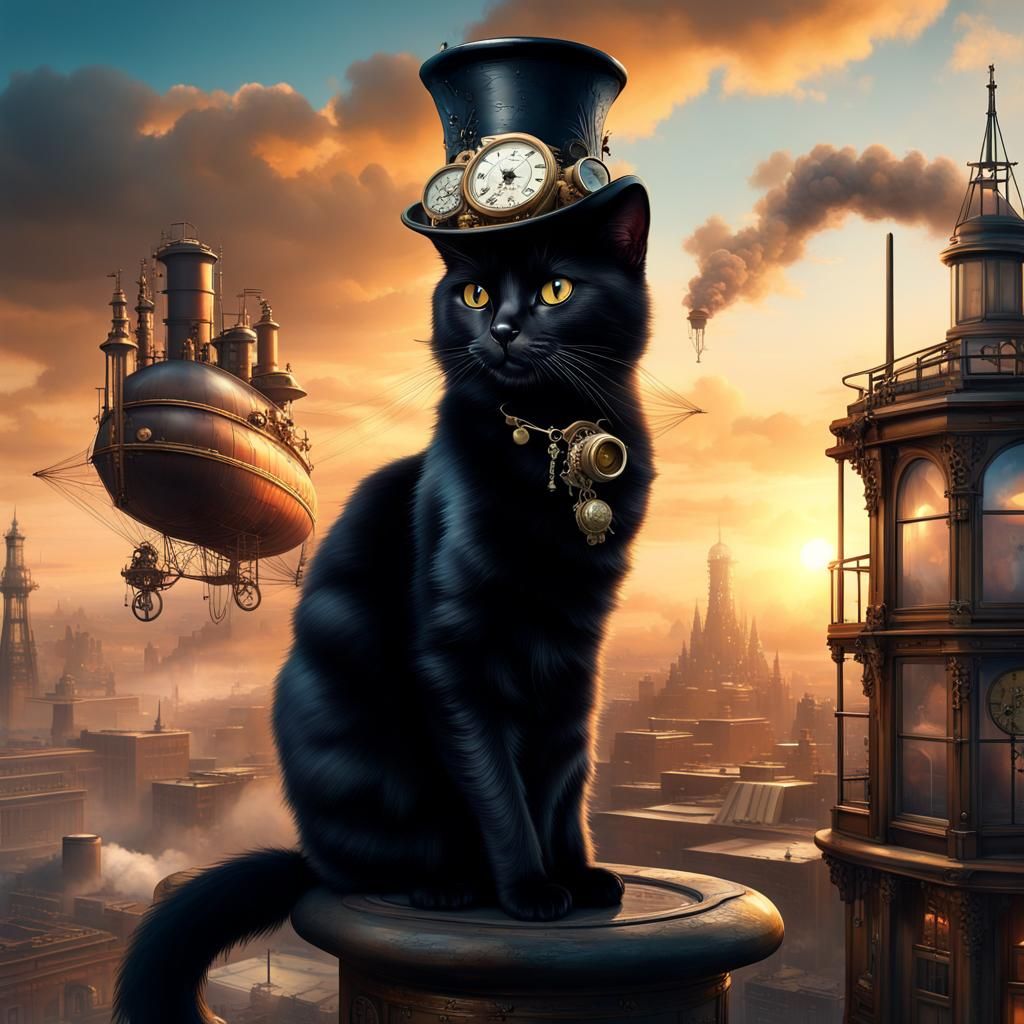 Steampunk Cat in Top Hat at Sunset