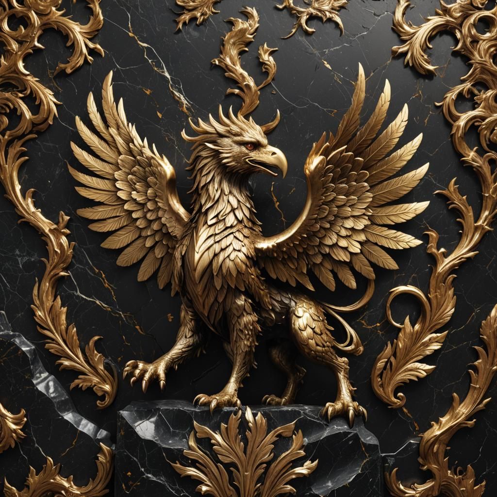 Golden Griffin on Marble Wall, Detailed Matte Painting