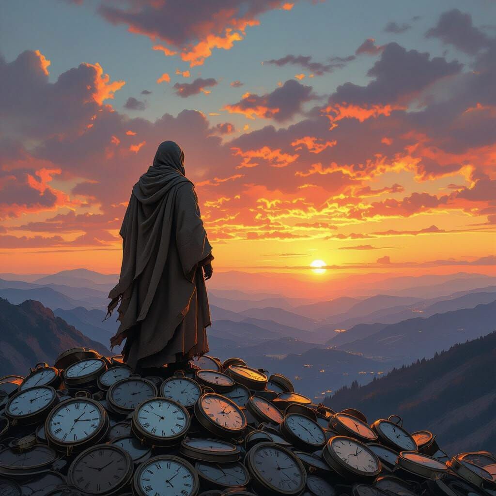 Figure Gazing at Sunrise Over Clock Mountain