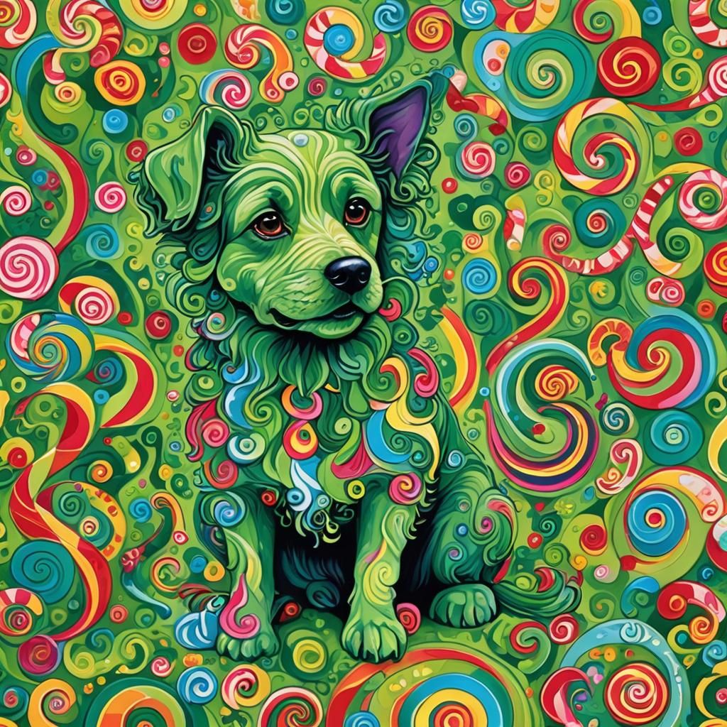 Green Dog in Candyland Gouache Wonderland