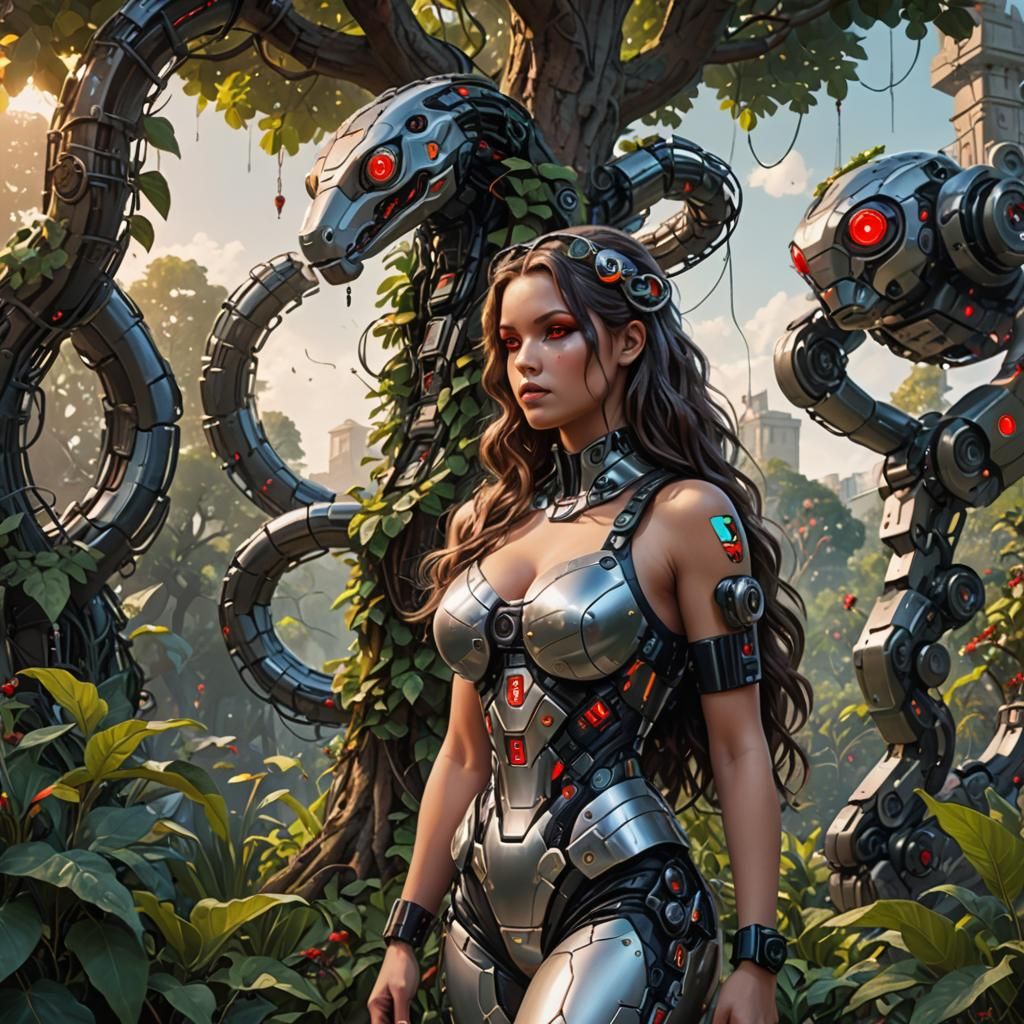Eve Meets Robotic Snake in Cyberpunk Eden