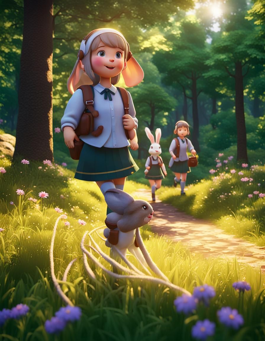 Girls with Rabbits in Lush Forest, 3D Game Art