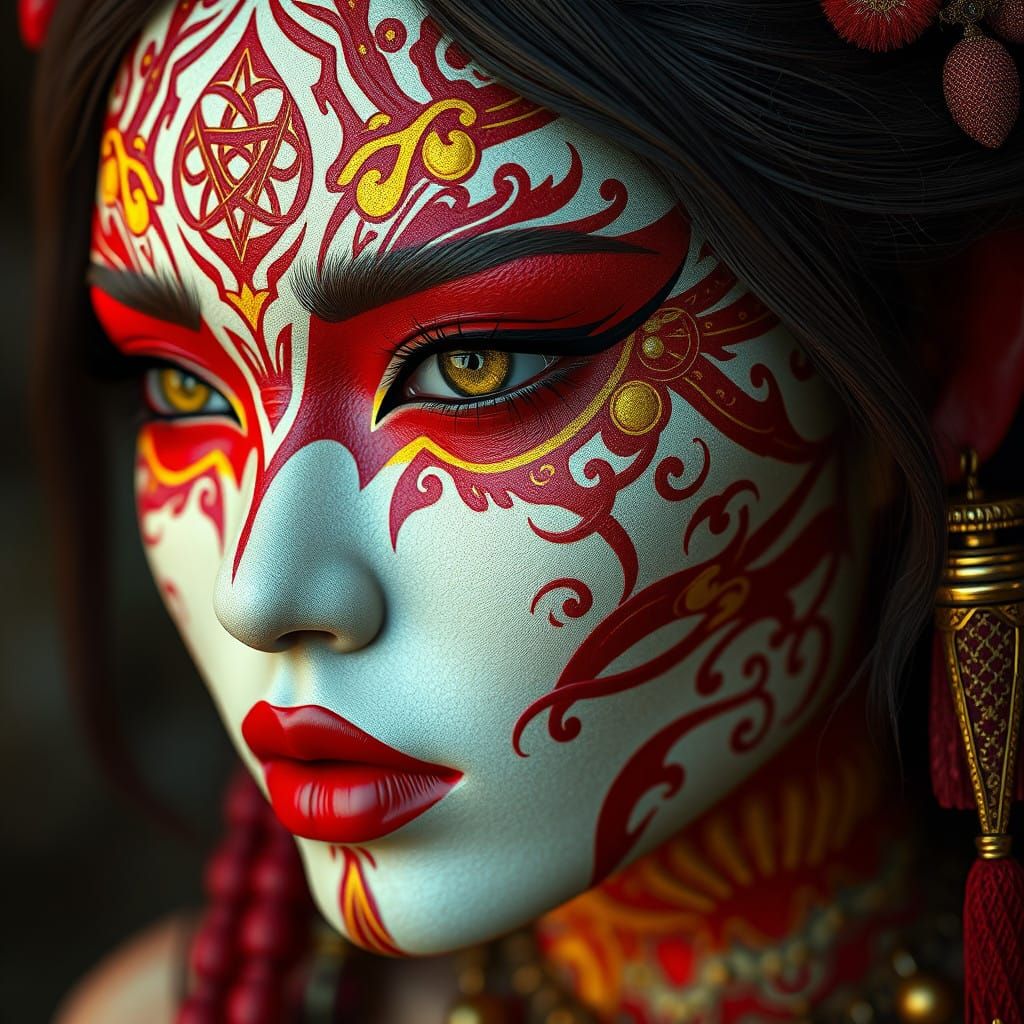 Futuristic Victorian Wiccan Face Paint in Red and Yellow